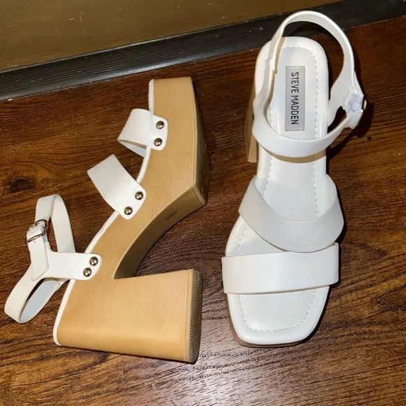 Steve Madden Gladiator White Strap Tan Platform Clog Heel Sandals Size 10 - Picture 6 of 14